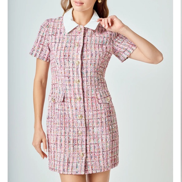 Endless Rose Pink Tweed Mini Dress with White Collar - Picture 3 of 10